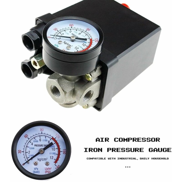 Luftkompressor trykkmåler, trykklufttrykkmåler 0~180 PSI, 0~12 bar, diameter 42mm trykkmåler måleenhet for skruekompressorer,