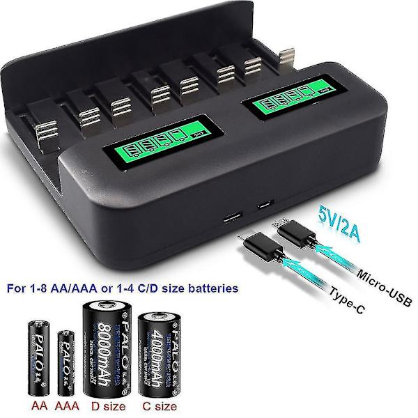 Lcd universal batteriladdare - 8-platser Aa/aaa/c/d laddare