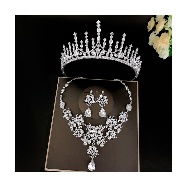 Brude tiaraer kronesett med øredobbersett & halslakk Håndlaget luksuskrystallhårtilbehør til 15