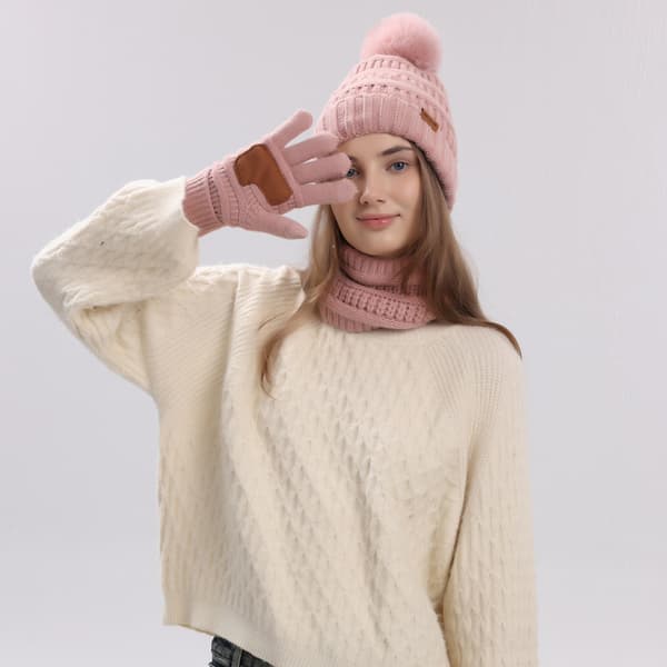 Stickad mössa, halsduk och handskar för höst/vinter, varm för vintern och utomhusaktiviteter - Rosa Pink