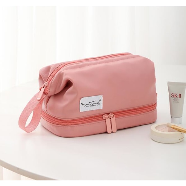 Enkel dobbeltlags kosmetiktaske med stor kapacitet bærbar vaskepose (lille pink)