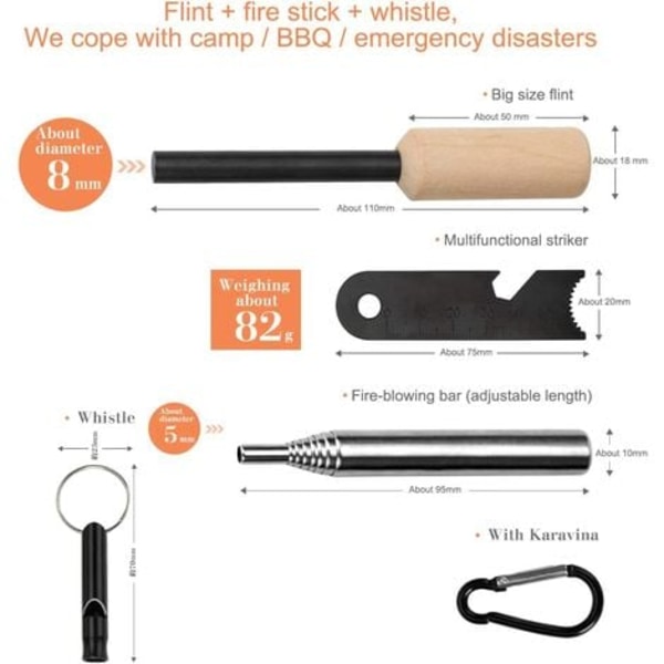 Survival Tool Kits, multi-purpose magnesium nødbrannstarter Flint Striker og aluminium fløyte og blåserslange for