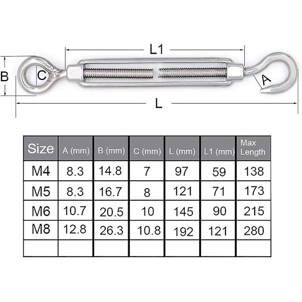 M4/m5/m6/m8 304 krok- och öglespänne i rostfritt stål - 5-pack