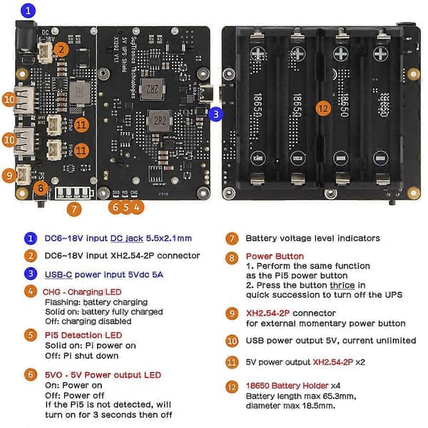 UPS Raspberry Pi 5:lle UPS-virranhallintakortti tukee 4 18650-akkua UPS-moduuli Raspberry Pi 5:lle Svart