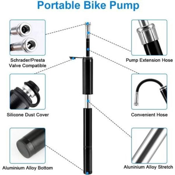 Cykelpump, mini högtryckspump 160PSI/11 barventil Passar Presta/Schrader lättviktshandpump av aluminiumlegering för väg