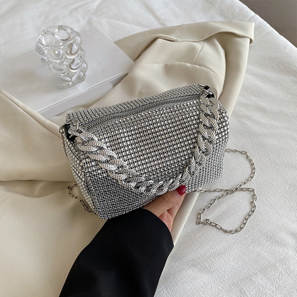 Glitrende Rhinestone Skuldertaske til Kvinder - Bling Håndtaske Perfekt til Fester, Klubber og Dates - Sølv, One Size