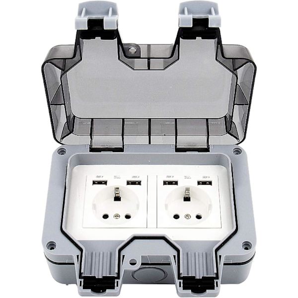 Ip66 kaksoispistoke USB porteilla - Vedenpitävä sähköinen seinäpistorasia - Ulkopistorasia - Pinta-asennus - Suojauskosketin