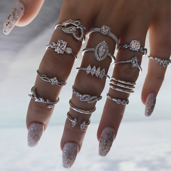 15 stk/sæt Kvinder Bohemian Rhinestone stabelbare fingerringe smykker gave til daglig brug