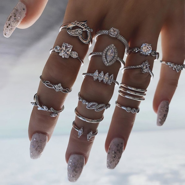 15 stk/sett kvinner Bohemian Rhinestone stablebare fingerringer smykker gave til daglig bruk