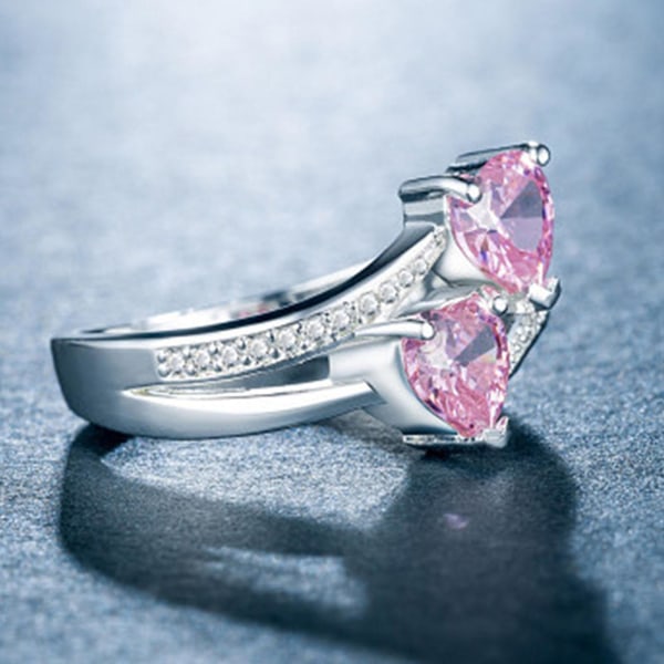 Kvinnor Ring Dubbelt Hjärta Glittrande Cubic Zirconia Mode Utseende Fingerband för fest Pink US 10