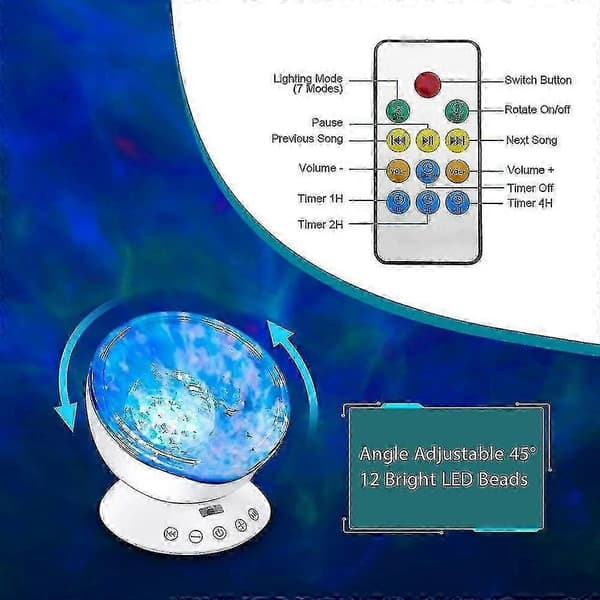 Ocean Wave Projektor, LED Nattlampe med 7 Lysmoduser og Musikkspiller