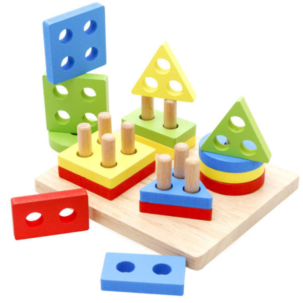 Nelipylväinen puinen rakennuspalikkasarja set muotoinen kognitiiviset lelut geometrinen älytaulun set,