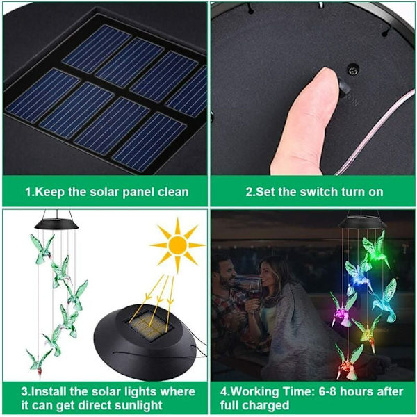 Farve Hummingbird Wind Chime Solar Light Wind Chime til indendørs og udendørs dekoration,