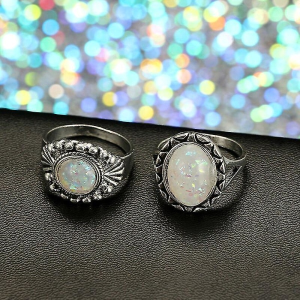 7 st/8 st En set Vintage antika silverfärgade ringar set Färgglada opalsten Carve för kvinnor Bohemiska smycken Tillbehör