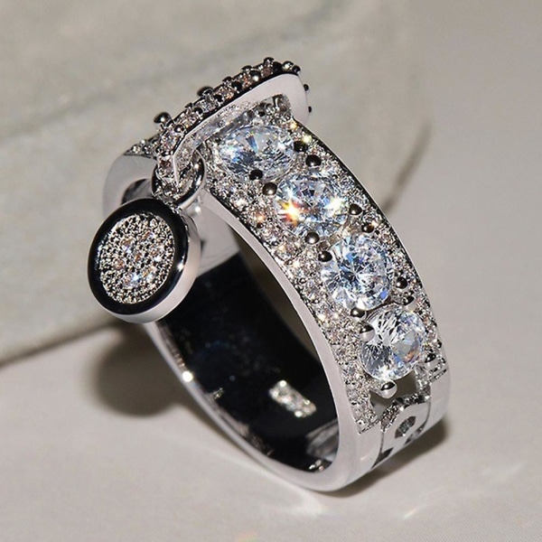 Luksus Kvinder Cubic Zirconia Indlagt Runde Charm Ring Bryllupsfest smykker gave Silver US 8