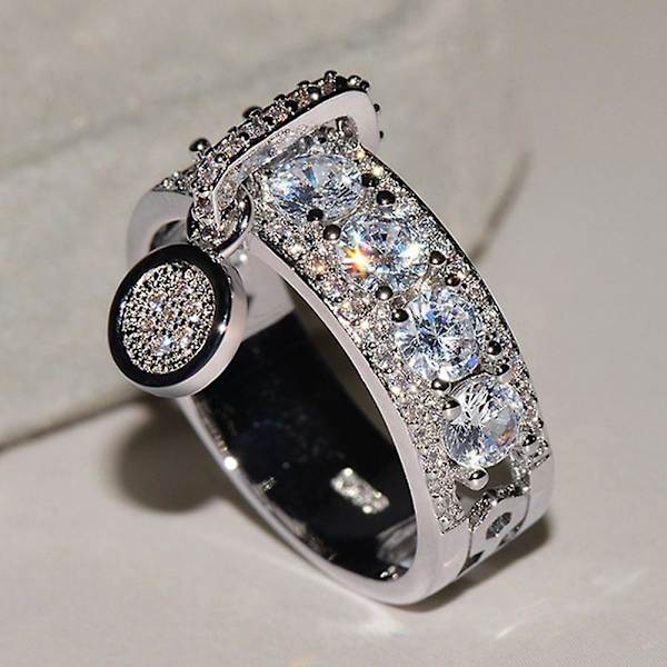 Lyx Kvinnor Cubic Zirconia Inlagd Rund Charm Ring Bröllopsfest Smycken Present Silver US 9