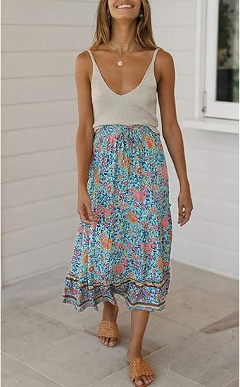 Kvinders Boho Blomsterprint Elastisk Højtaljet Plisseret A-Linje Midi Nederdel blå