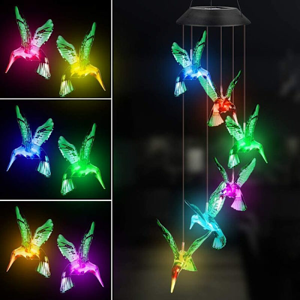 Farve Hummingbird Wind Chime Solar Light Wind Chime til indendørs og udendørs dekoration,