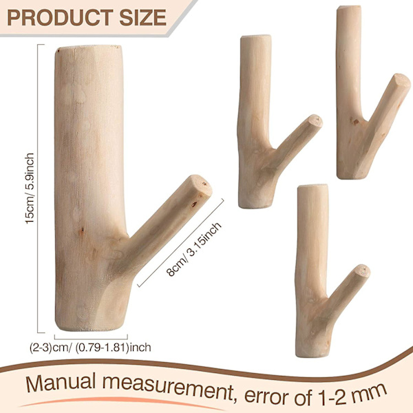 Vintage Real Natural Wood Tree Branch seinäkoukku, seinään kiinnitettävä käsintehty set, maalaismaiset koristeelliset liimapuuseinäkoukut (leveys 2 3 cm) (4)