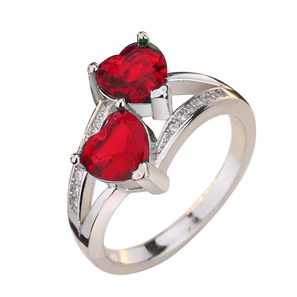 Dammode dubbel hjärtform Cubic Zirconia Inlagd Finger Ring Smycken Present Red US 10
