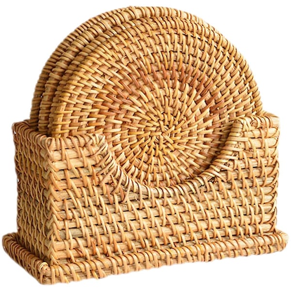 1 pyöreä paikkamattojen setti, kudotut paikkamatot, lämmönkestävät lasinaluset, ulkokäyttöön sopivat paikkamatot, rottinkisetti, pystysuora 8 cm (kuuden kappaleen setti)