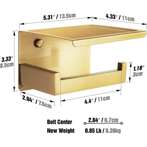 Selvklæbende toiletrulleholder i børstet messing med hylde