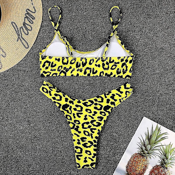 Kvinnor Leopard Print Thong Bikini Set Vadderat Green L