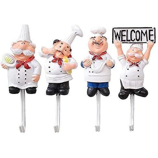 Piao Pakke med 4 Harpiks Fransk Kok Figur Vægkroge Dekorative Cook Vægmonteret Rack Krogophæng (assorteret stil)
