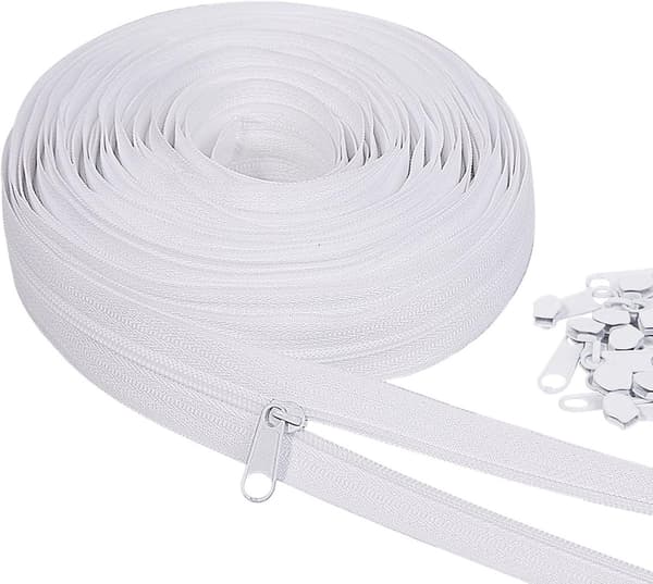 1 rull glidelåser - Endeløse glidelåser - Nylon glidelåser - Inkluderer 20 utskiftbare glidelåshoder (hvit)