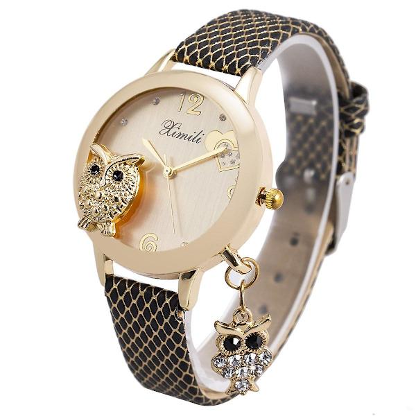Dameur, dameur med mesh-rem af rustfrit stål, Crystal Quartz Owl Pendant dameur