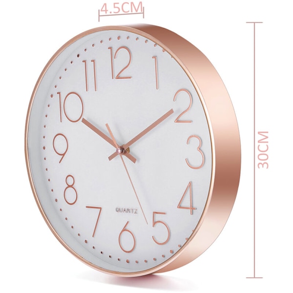 12" rund Silent Quartz väggklocka i roséguld på vitt - Batteridriven elegant svart ram.