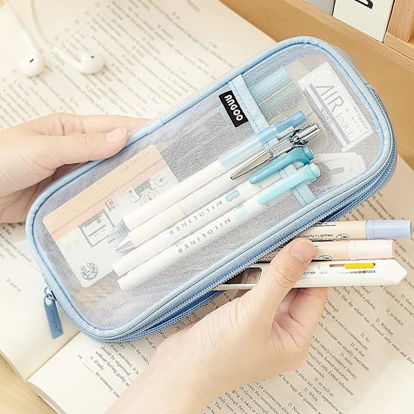 Mesh Case Pennfodral med dragkedja Klar sminkfärgpåse Kosmetikaväska Multi-purpose Reseskola Tonårsflickor Transparent Stationär väska Kontor