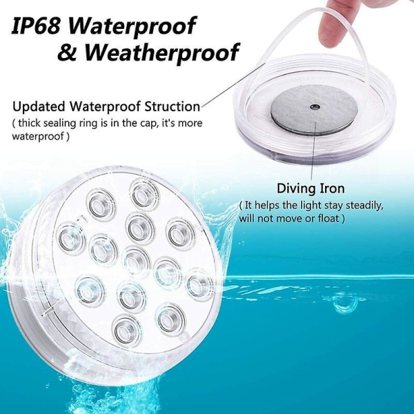 Dränkbara ledlampor med , RF-fjärrkontroll, 10 led undervattenspoollampor Ip68 Vattentät, batteridriven dammlampa för badkar, dusch, varm T