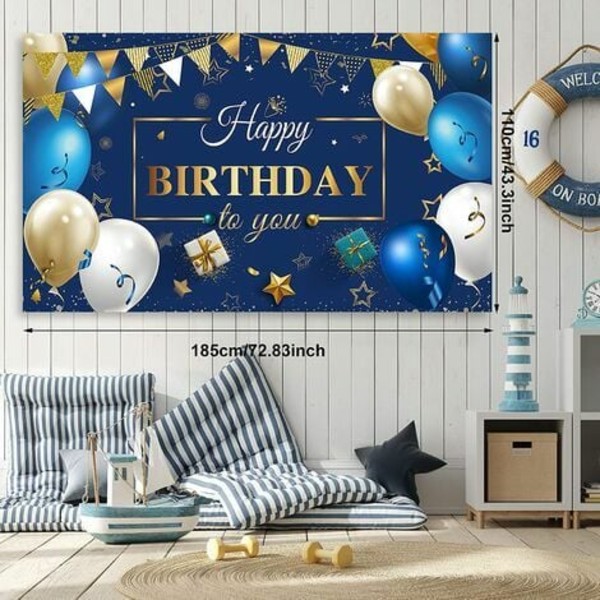 50 kappaleen set laivastonsinisiä ja kultaisia ​​syntymäpäiväkonfettiilmapalloja ja sinikultaisia ​​syntymäpäivävalokuvia Tausta Bann
