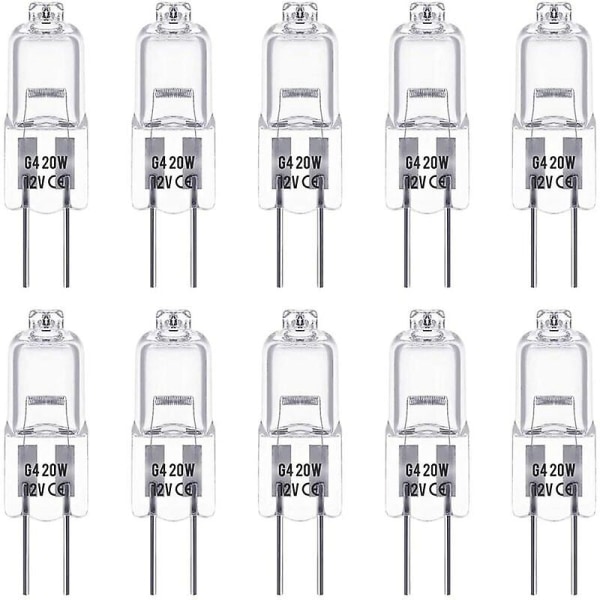 G4 halogen lyspærer, 12v 20w halogen pin base lampe, 2800k varm hvit, dimbar, G4 lavspennings halogen lampe, klar kapsel lampe, pakke med 10 56vingt