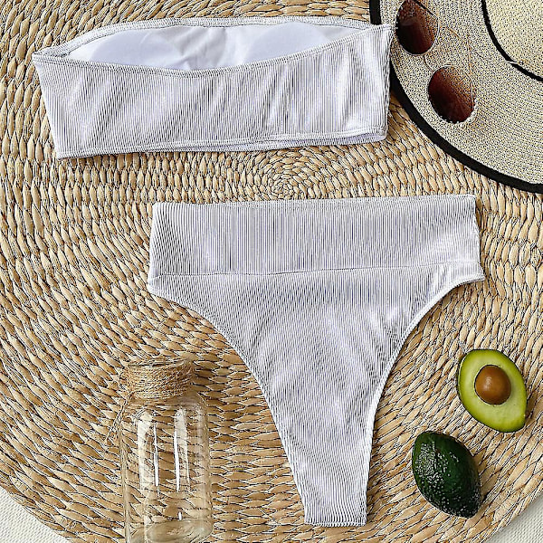 Dam Bandeau hög midja simdräkt Bikini Set Baddräkt White S
