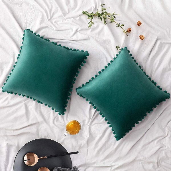 Pakke med 2 fløjlspudebetræk Pompom dekorative pudebetræk Solid blødt pudebetræk med poms Firkantet til sofa Sofa Soveværelse Bil 18x18inch Da 20 x20 Green