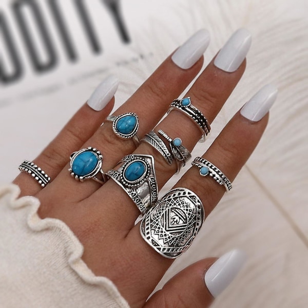 8 stk Knuckle Rings Leaf Faux Turkis Unisex Bohemian stablebare fingerringer Motesmykker