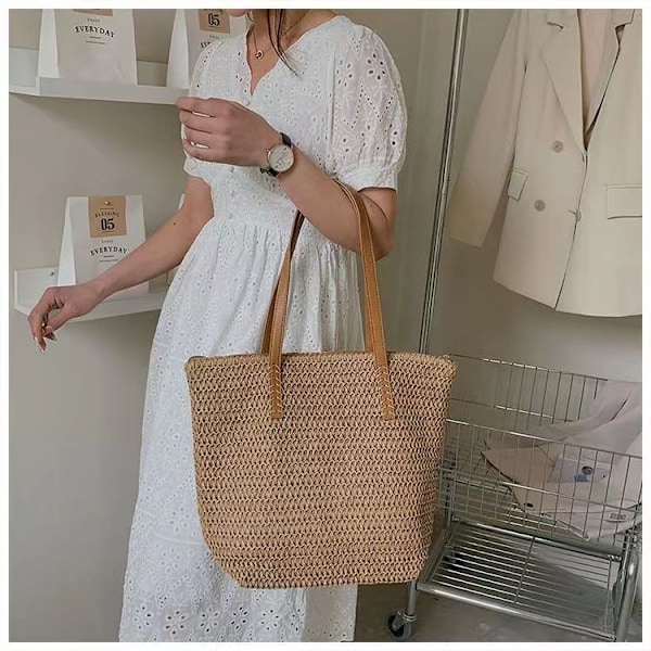 Vävd Väska Mode Stor Kapacitet Casual Dam Axelremsväska Halmväska Strandväska - Karamellfärg Caramel Color