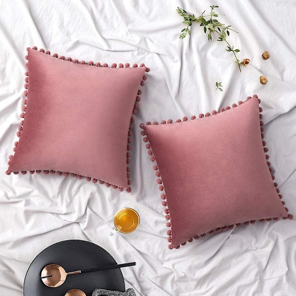 Pakkaus 2 Velvet Throw Tyynynpäällistä Pompom koristetyynynpäälliset Kiinteät pehmeät tyynynpäälliset Poms Squarella sohvalle sohvalle makuuhuoneen auto 18x18 tuumaa Da 18 x18 Jam