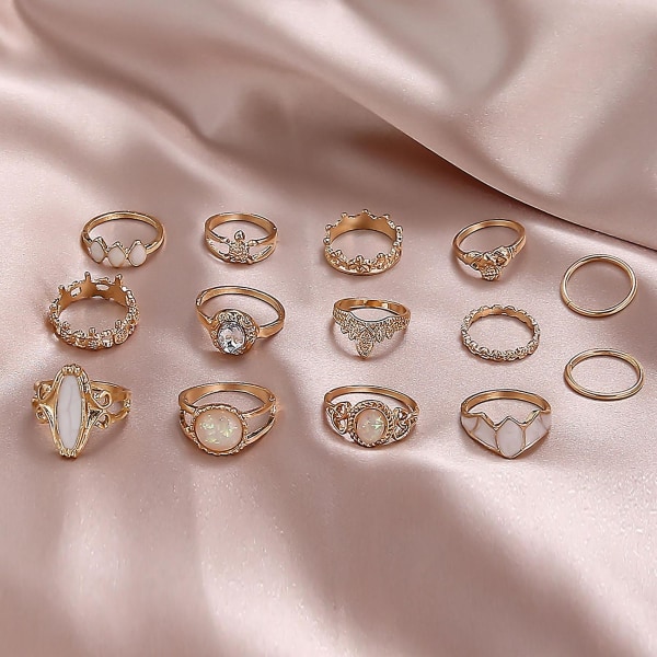 14 st ihåliga stapelbara knogringar Legering Etnisk stil Stjärnhimmel Faux Gem Finger Ringar Smycketillbehör