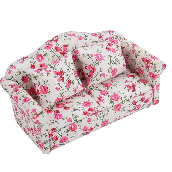 12 Skala Dukkehus Mini Sofagruppe Med Blomstermønstrede Ryggputer