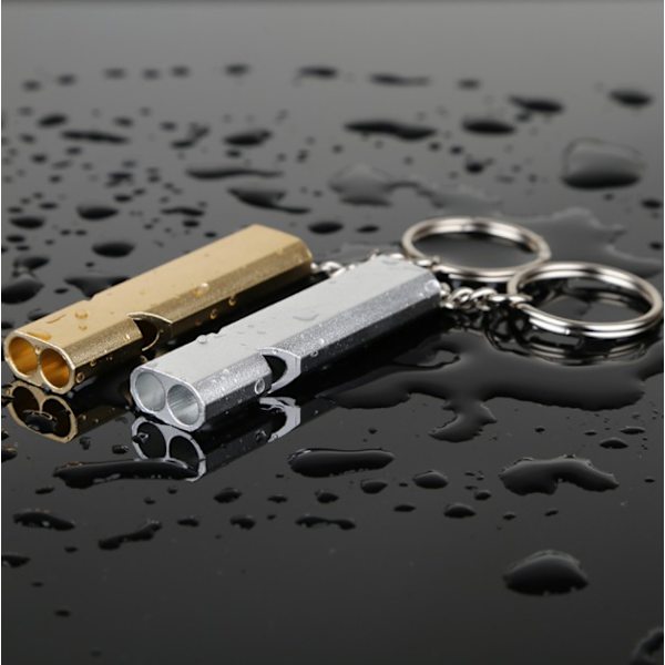 Dubbelrör Utomhus Survival Whistle Utomhusutrustning Guldfärg + Stål 2 Styck