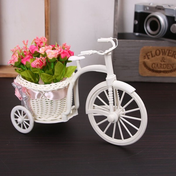 Ny design Trehjuling Cykeldekoration Blomkorg Plast Vit Vas Blomsterförvaring Hem Bröllopsfest Gör-det-själv-dekoration