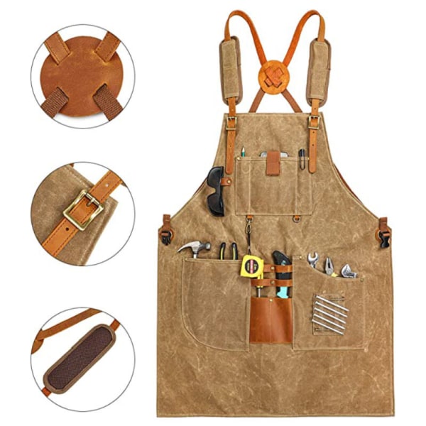 Beige Canvas Förkläde Multifunktionellt fickförkläde Quick Release Spänne Justerbart Förkläde