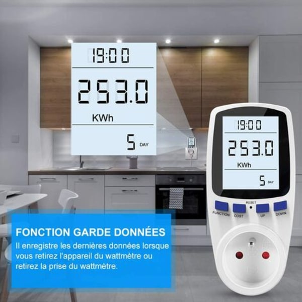 Wattmeteruttak, AC 185V~264V energimåler Strømforbruksmåler, strømforbruk Monitoruttak med LCD-skjerm (