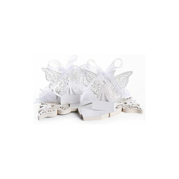 Pakke med 50 foldbare 3D Butterfly Candy Favor Boxes til bryllupsfest med lilla hvide bånd,