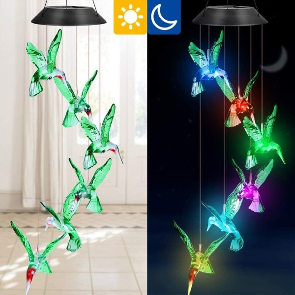 Solar Wind Chimes, Hummingbird Wind Chime färgskiftande LED Solar Light Mobile Chime Vattentät inomhus utomhus för Gard