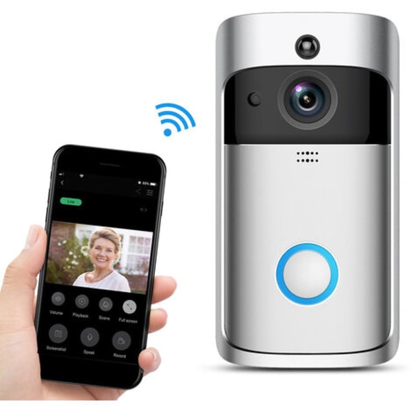 Langaton WiFi-video-ovikellokamera, infrapuna-yönäkö-kotivalvonta iOS- ja Android-laitteille (hopea)