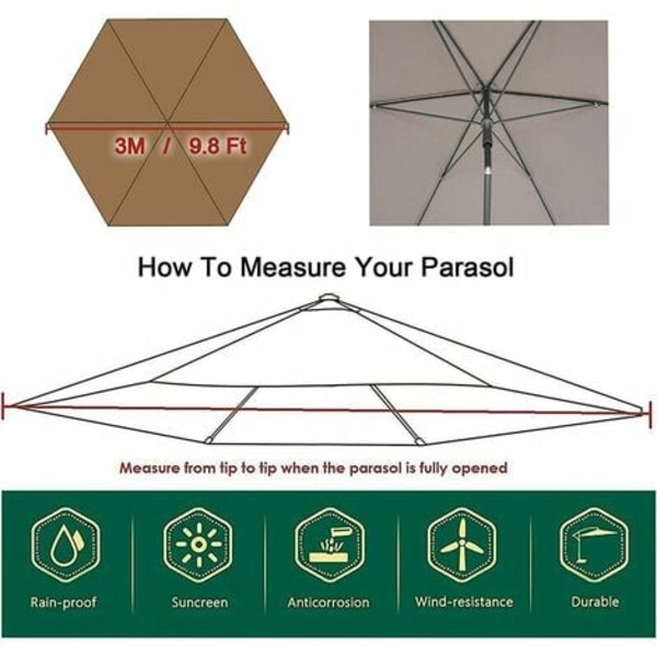 Erstatningsdeksel for parasoll - 6 ribber - 3 M - Vanntett - Anti-Ultrafiolett - Erstatningsstoff (3M / 9,8 Ft, Khaki)